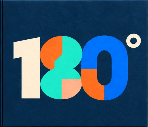Portada azul de 180º con números geométricos en marfil, turquesa, naranja y azul